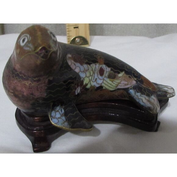 Vintage Cloisonne Chinese Marine Seal Sea Lion Figurine wood stand Marine life - Picture 2 of 8